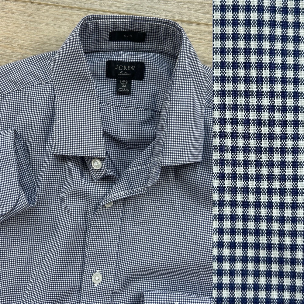 J Crew Ludlow Dress Shirt Mens 14.5/32 Blue Gingham Plaid Slim Fit Cotton Preppy